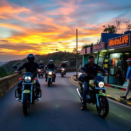 A picturesque scene of several bikers riding powerful motorcycles along a winding hilly road at dusk, the sky painted in vibrant shades of orange and purple