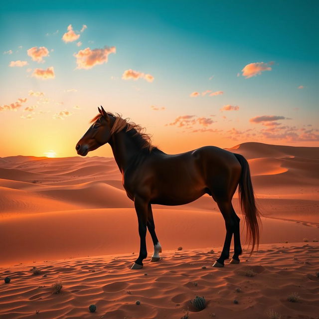 A serene desert landscape at sunset, featuring vast dunes glowing with warm hues of orange and pink, silhouetted against a deep blue sky