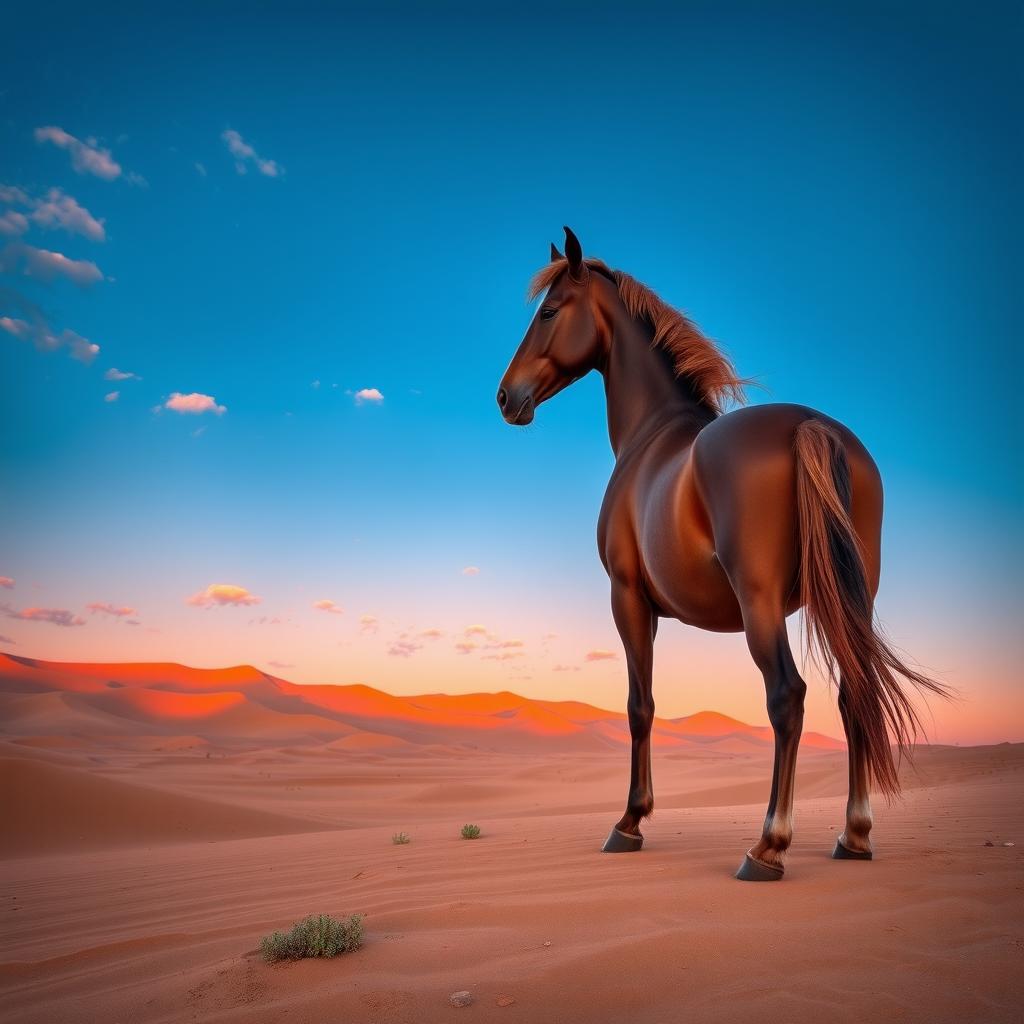 A serene desert landscape at sunset, featuring vast dunes glowing with warm hues of orange and pink, silhouetted against a deep blue sky