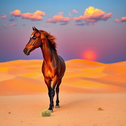 A serene desert landscape at sunset, featuring vast dunes glowing with warm hues of orange and pink, silhouetted against a deep blue sky