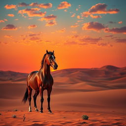 A serene desert landscape at sunset, featuring vast dunes glowing with warm hues of orange and pink, silhouetted against a deep blue sky