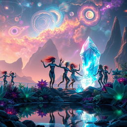 A futuristic fantasy landscape featuring vibrant alien flora and fauna