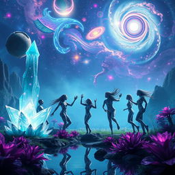 A futuristic fantasy landscape featuring vibrant alien flora and fauna