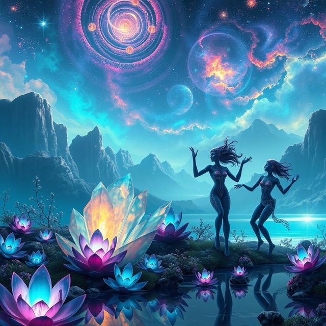 A futuristic fantasy landscape featuring vibrant alien flora and fauna