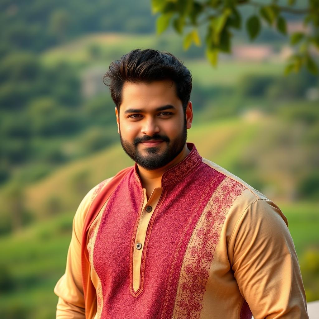 A vibrant portrait of a charismatic male actor resembling Shakib Khan, with strong facial features, wearing a stylish kurta that blends traditional and modern elements