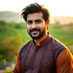 A vibrant portrait of a charismatic male actor resembling Shakib Khan, with strong facial features, wearing a stylish kurta that blends traditional and modern elements