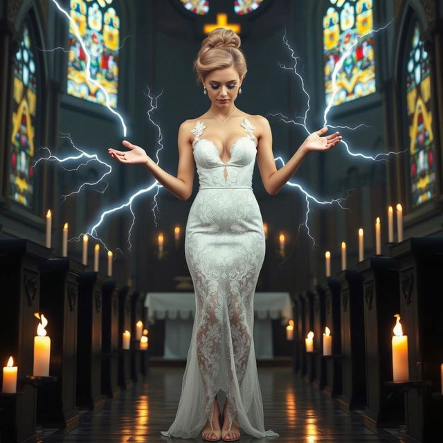 A stunning full length photograph of a tall, enchanting young woman in a sheer lace wedding dress, standing in a grand Gothic cathedral