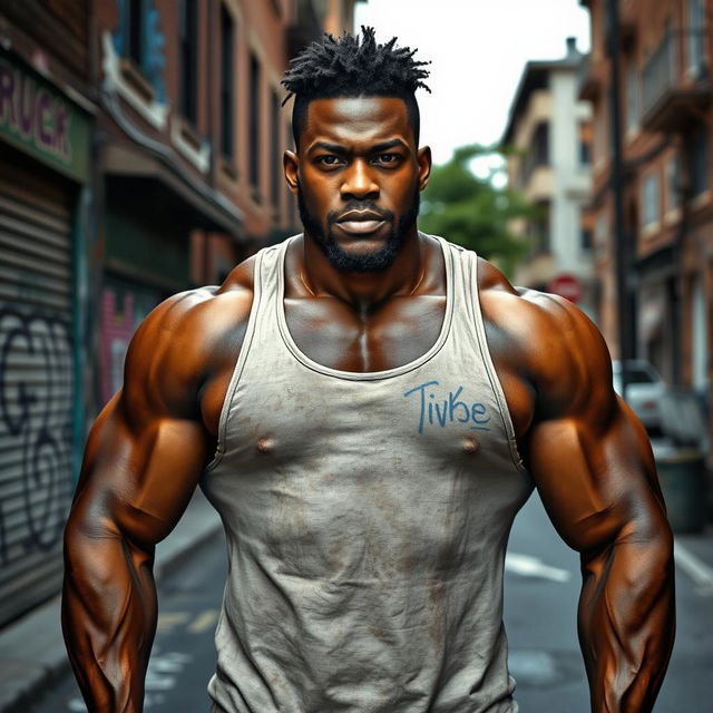 A powerful and muscular black man with a confident demeanor, wearing worn but clean clothing, standing proudly on a city street