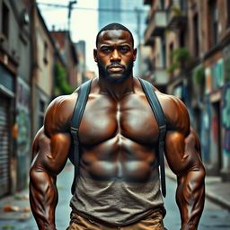 A powerful and muscular black man with a confident demeanor, wearing worn but clean clothing, standing proudly on a city street