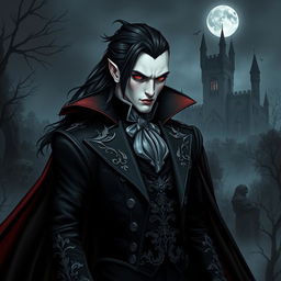 A striking vampire character design for a gothic novel cover, featuring a tall, pale-skinned figure with angular features and piercing red eyes