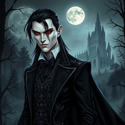 A striking vampire character design for a gothic novel cover, featuring a tall, pale-skinned figure with angular features and piercing red eyes