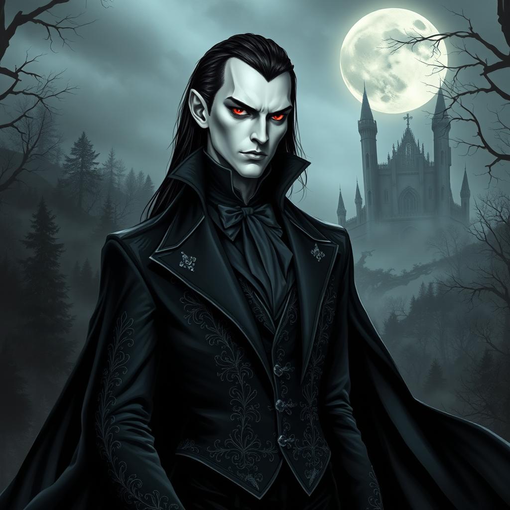 A striking vampire character design for a gothic novel cover, featuring a tall, pale-skinned figure with angular features and piercing red eyes