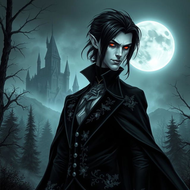 A striking vampire character design for a gothic novel cover, featuring a tall, pale-skinned figure with angular features and piercing red eyes