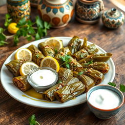 A beautifully arranged plate of dolma, traditional Mediterranean stuffed grape leaves filled with a savory mixture of rice, herbs, and spices