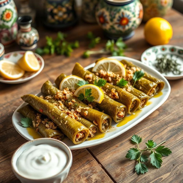 A beautifully arranged plate of dolma, traditional Mediterranean stuffed grape leaves filled with a savory mixture of rice, herbs, and spices