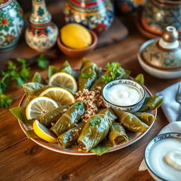 A beautifully arranged plate of dolma, traditional Mediterranean stuffed grape leaves filled with a savory mixture of rice, herbs, and spices