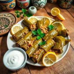 A beautifully arranged plate of dolma, traditional Mediterranean stuffed grape leaves filled with a savory mixture of rice, herbs, and spices