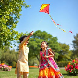 A joyful scene depicting an Indian boy and an Indian girl playing together in a sunny park
