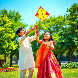 A joyful scene depicting an Indian boy and an Indian girl playing together in a sunny park
