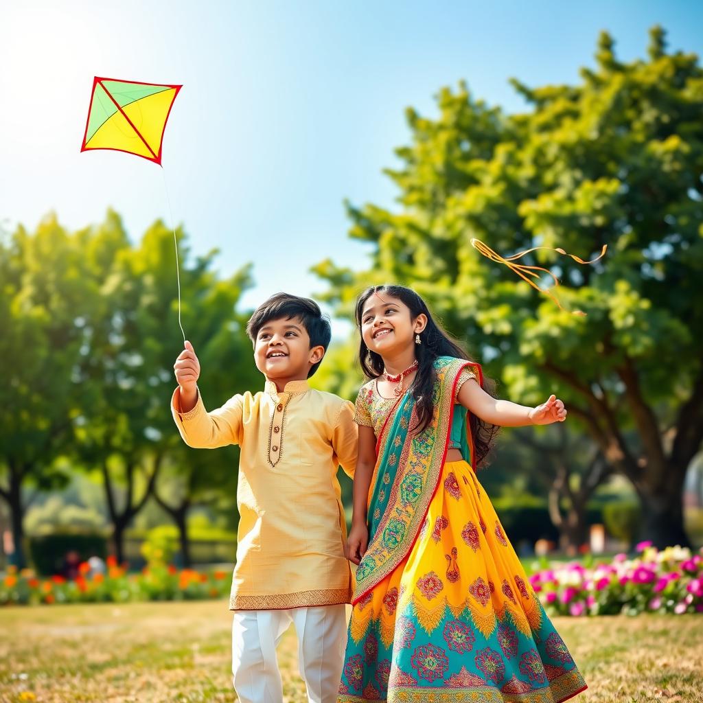 A joyful scene depicting an Indian boy and an Indian girl playing together in a sunny park