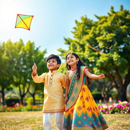 A joyful scene depicting an Indian boy and an Indian girl playing together in a sunny park