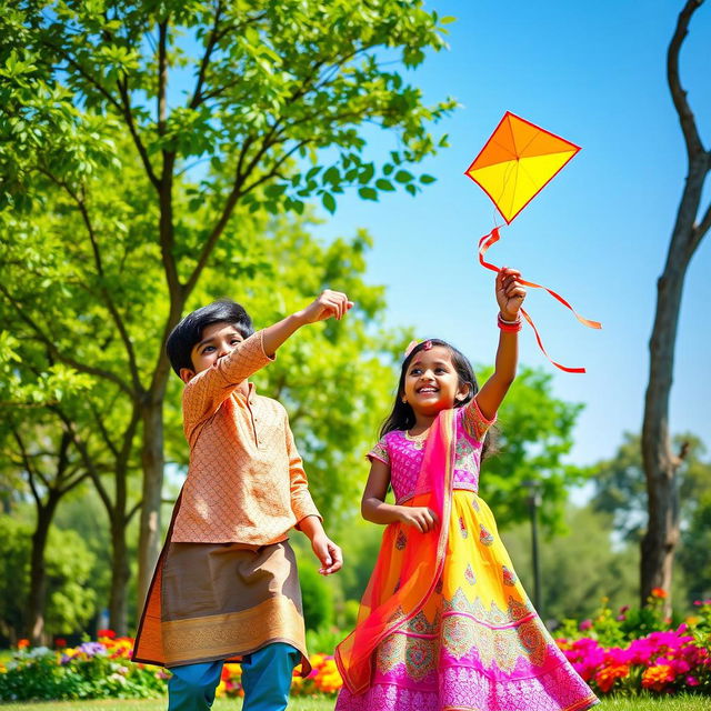 A joyful scene depicting an Indian boy and an Indian girl playing together in a sunny park