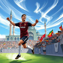 A stunning illustration of Cristiano Ronaldo in the vibrant city of Mashhad, Iran
