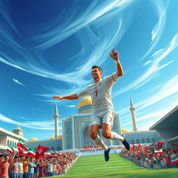 A stunning illustration of Cristiano Ronaldo in the vibrant city of Mashhad, Iran