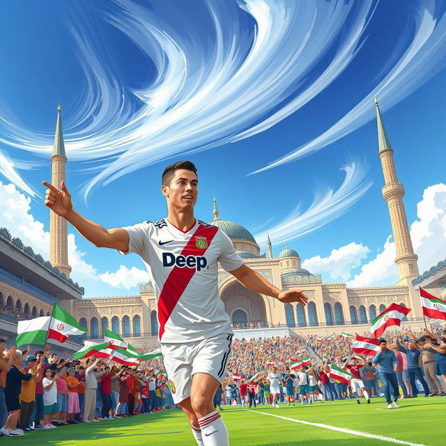 A stunning illustration of Cristiano Ronaldo in the vibrant city of Mashhad, Iran