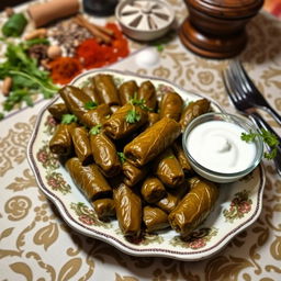 A delicious plate of stuffed grape leaves, known as 'dolma', beautifully arranged on a decorative platter