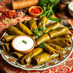 A delicious plate of stuffed grape leaves, known as 'dolma', beautifully arranged on a decorative platter