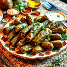 A delicious plate of stuffed grape leaves, known as 'dolma', beautifully arranged on a decorative platter