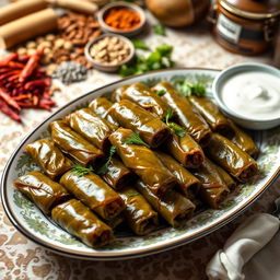 A delicious plate of stuffed grape leaves, known as 'dolma', beautifully arranged on a decorative platter
