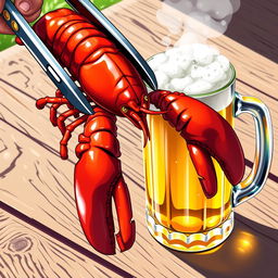A vibrant and detailed illustration of a beautifully cooked lobster, its vibrant red shell glistening with butter, being held tightly in a pair of large tongs
