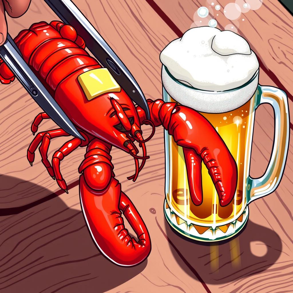 A vibrant and detailed illustration of a beautifully cooked lobster, its vibrant red shell glistening with butter, being held tightly in a pair of large tongs