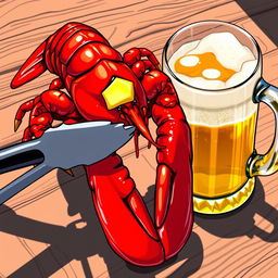 A vibrant and detailed illustration of a beautifully cooked lobster, its vibrant red shell glistening with butter, being held tightly in a pair of large tongs