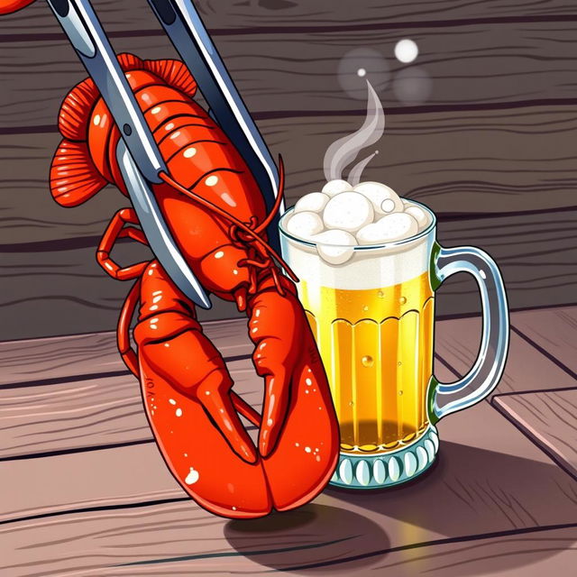 A vibrant and detailed illustration of a beautifully cooked lobster, its vibrant red shell glistening with butter, being held tightly in a pair of large tongs