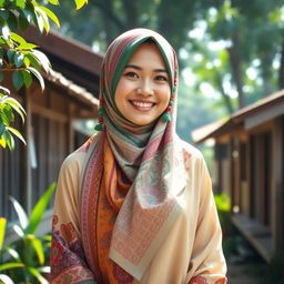 A beautiful Malay woman wearing a colorful hijab, adorned with intricate patterns and floral designs