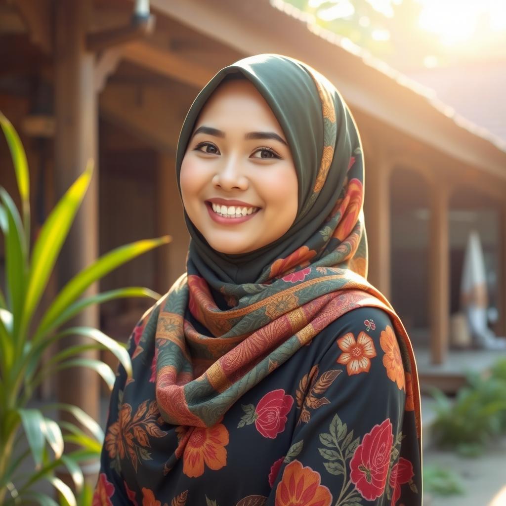 A beautiful Malay woman wearing a colorful hijab, adorned with intricate patterns and floral designs