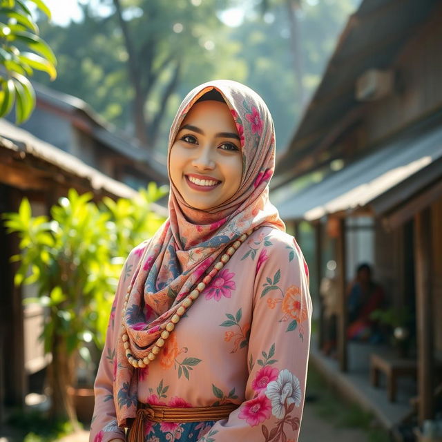 A beautiful Malay woman wearing a colorful hijab, adorned with intricate patterns and floral designs