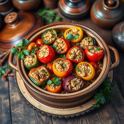 A beautifully arranged platter of stuffed mixed vegetables (دولمة خضار مشكلة) cooked in a traditional clay pot (طاجن)