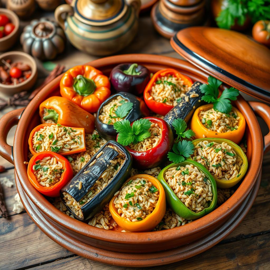 A beautifully arranged platter of stuffed mixed vegetables (دولمة خضار مشكلة) cooked in a traditional clay pot (طاجن)