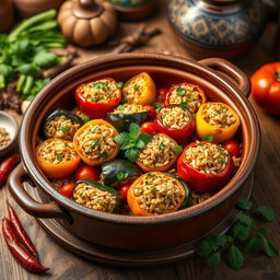 A beautifully arranged platter of stuffed mixed vegetables (دولمة خضار مشكلة) cooked in a traditional clay pot (طاجن)