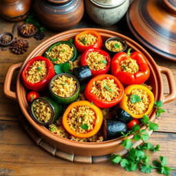 A beautifully arranged platter of stuffed mixed vegetables (دولمة خضار مشكلة) cooked in a traditional clay pot (طاجن)