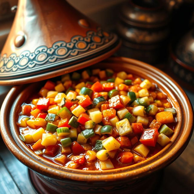 A beautifully arranged tagine dish filled with a variety of mixed vegetables, all cut into small pieces