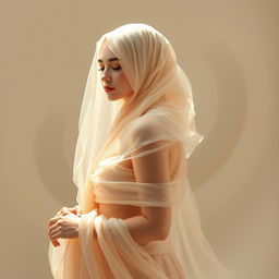 A stunning artistic interpretation of a figure elegantly draped in a flowing, sheer fabric that resembles a hijab, creating a beautiful contrast with the natural nude tones of the skin