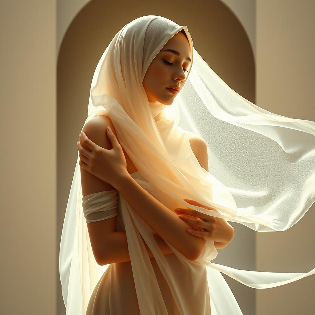 A stunning artistic interpretation of a figure elegantly draped in a flowing, sheer fabric that resembles a hijab, creating a beautiful contrast with the natural nude tones of the skin