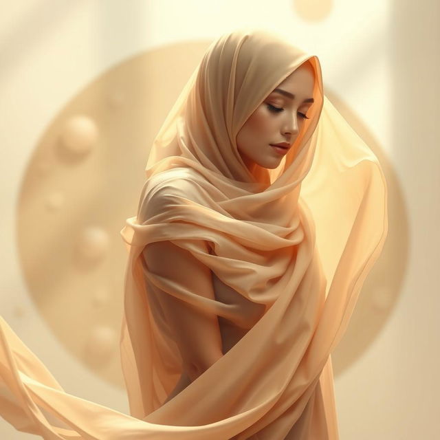 A stunning artistic interpretation of a figure elegantly draped in a flowing, sheer fabric that resembles a hijab, creating a beautiful contrast with the natural nude tones of the skin