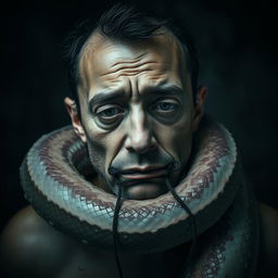 A surreal and emotionally charged scene depicting a sad man in the process of molting like a snake
