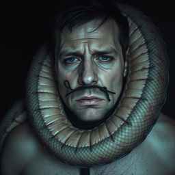 A surreal and emotionally charged scene depicting a sad man in the process of molting like a snake